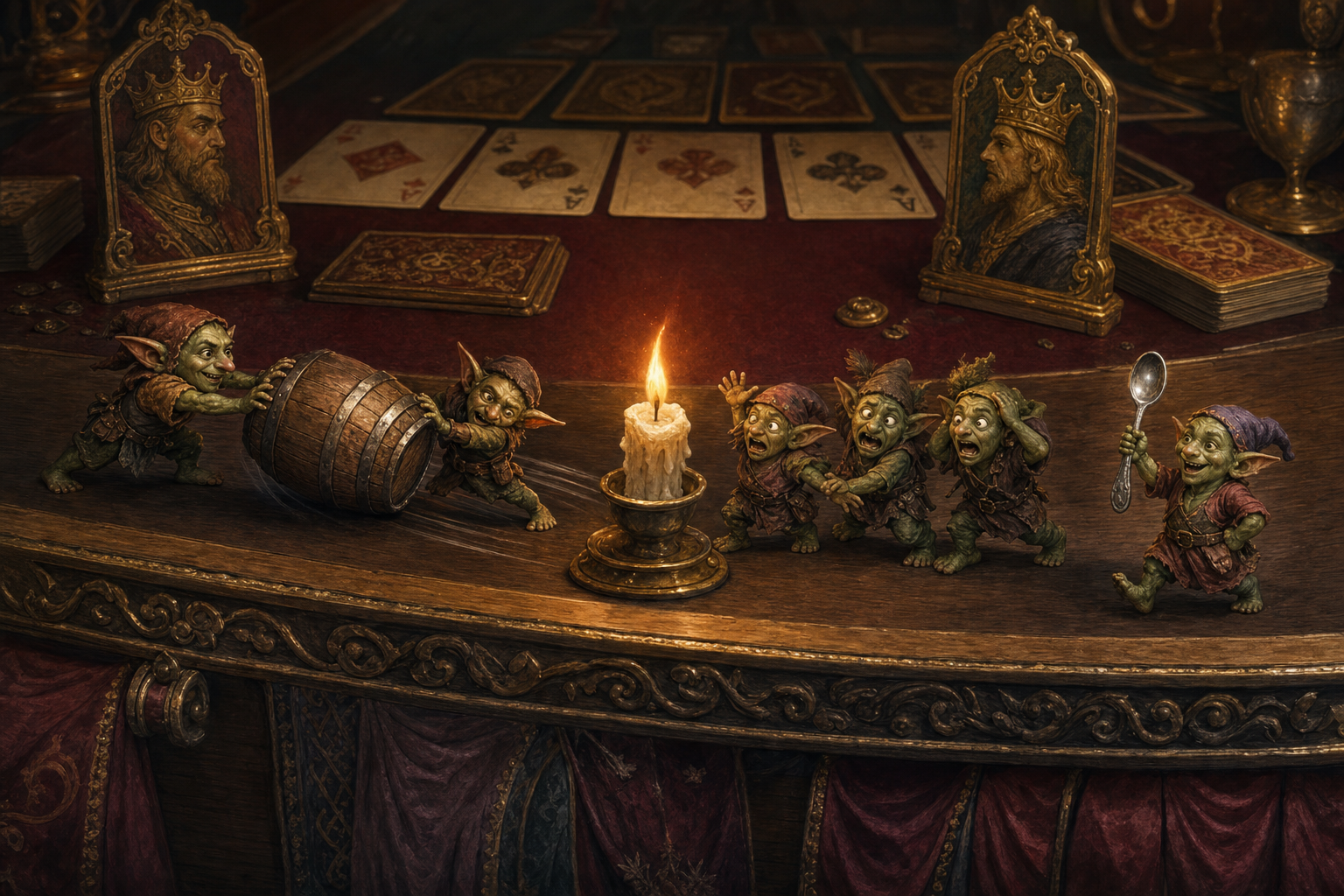 Tiny goblins mishandling a barrel near a candle while one arrives with a spoon